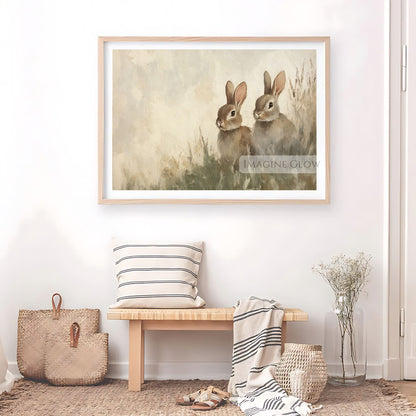 Two rabbits sitting in a meadow - vintage artwork
