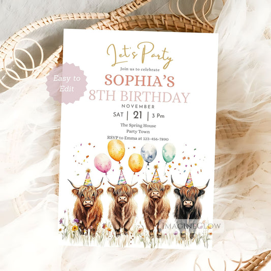 Highland cow birthday invitation for kids
Rustic Highland cow party invite


