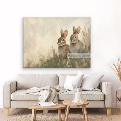 Cottagecore-style painting of two rabbits in the grass
