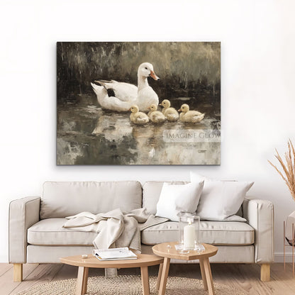 Whimsical vintage-style pond scene with ducks