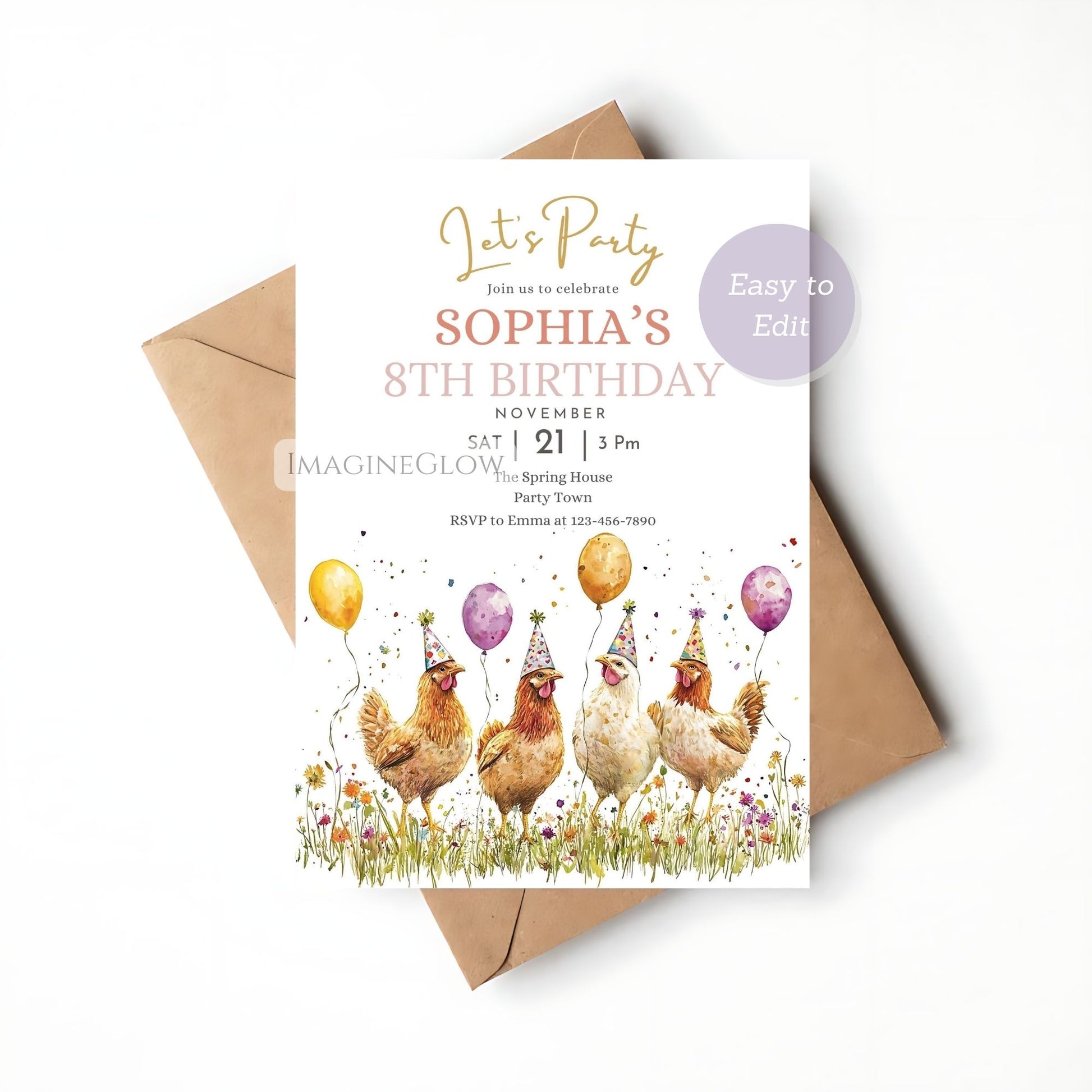 Cute chicken wildflower farm birthday invitation editable
