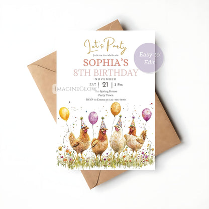 Cute chicken wildflower farm birthday invitation editable
