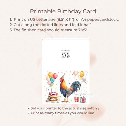 Printable birthday card with rooster and balloons on a white background