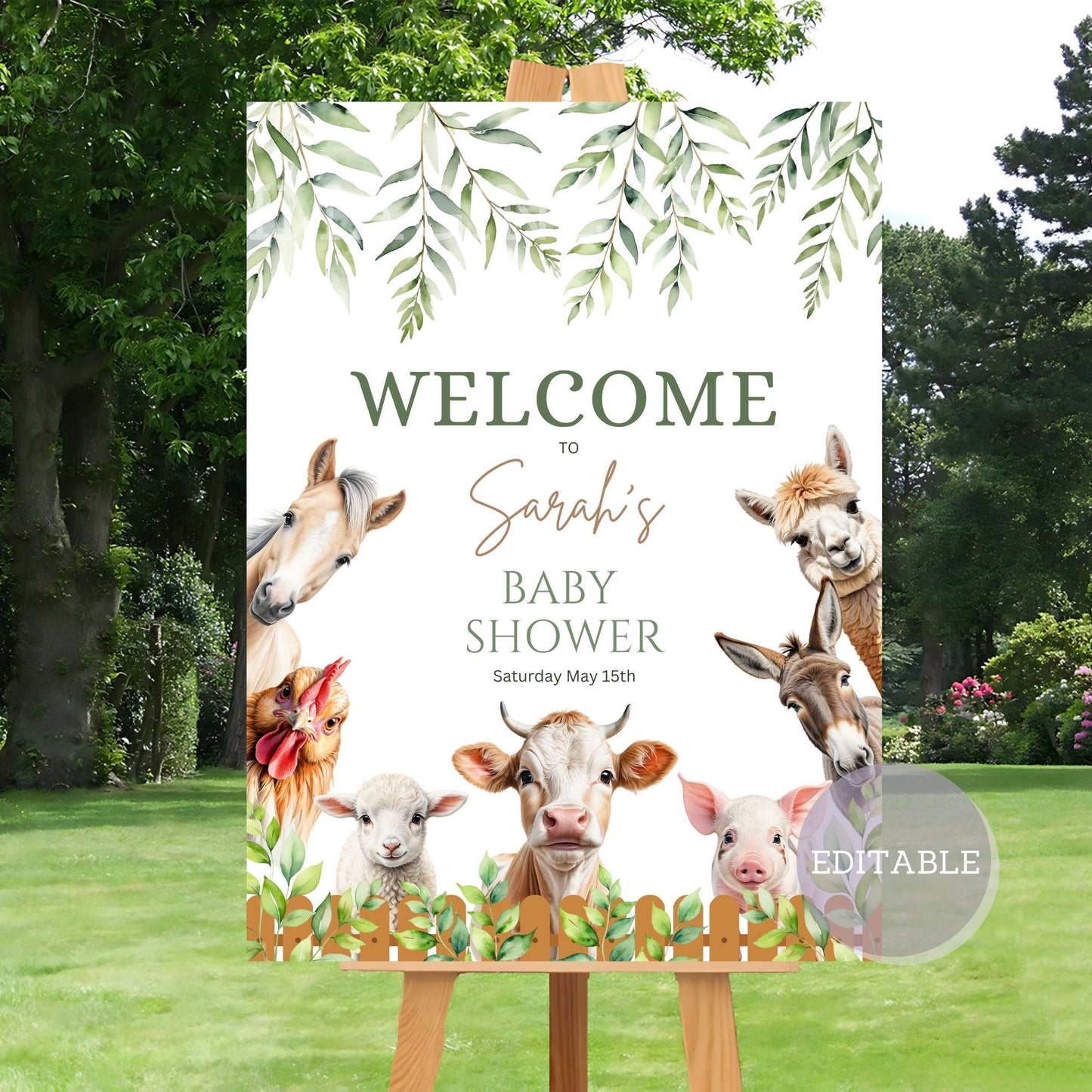 Printable farm-themed baby shower decoration with greenery accents.
Farm animals First birthday sign for countryside-inspired parties.