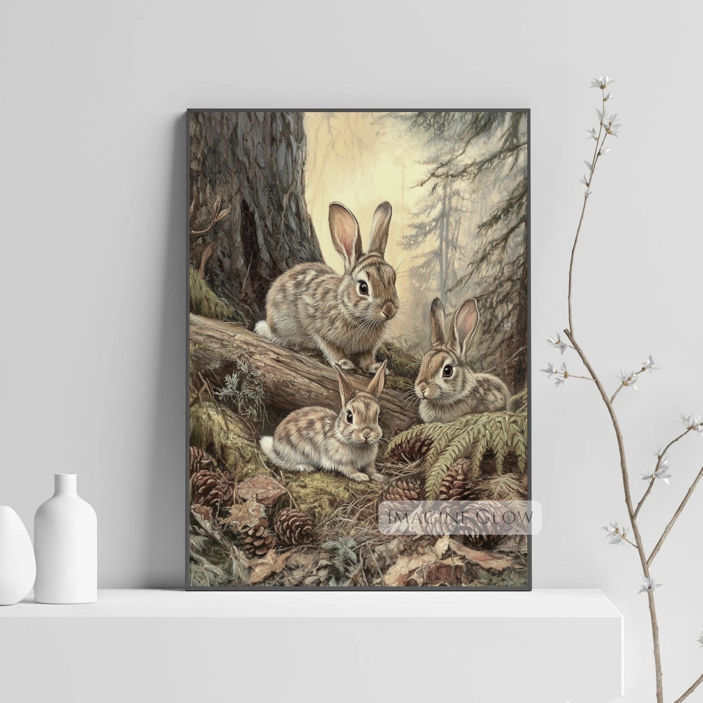 Rustic woodland scene with rabbit family.
