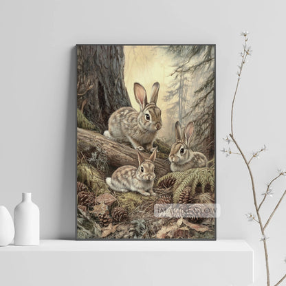 Rustic woodland scene with rabbit family.
