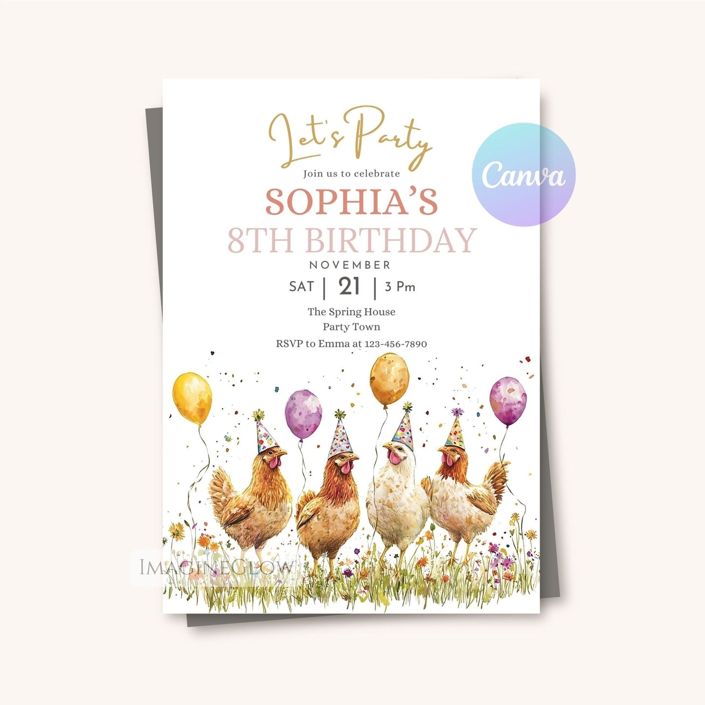 Printable chicken and wildflowers birthday invitation
