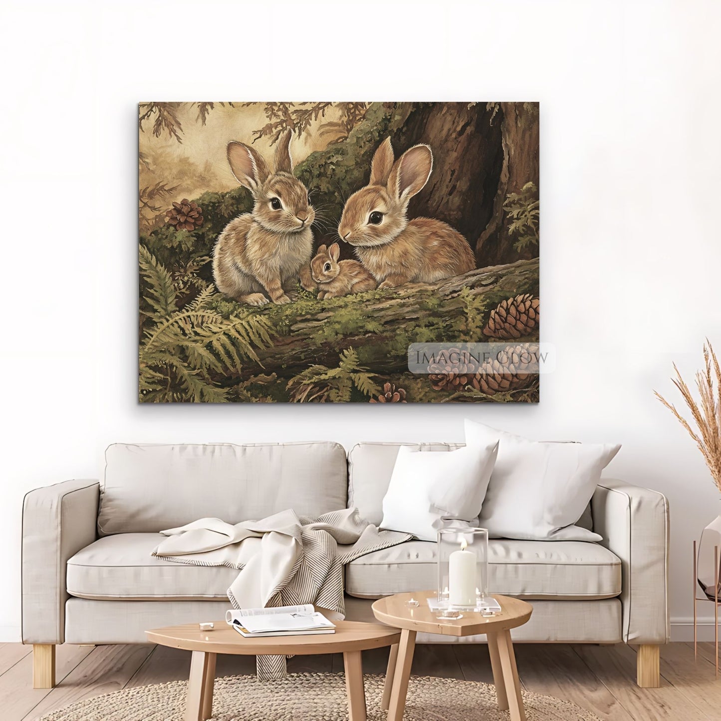 Rustic woodland bunny family illustration.
