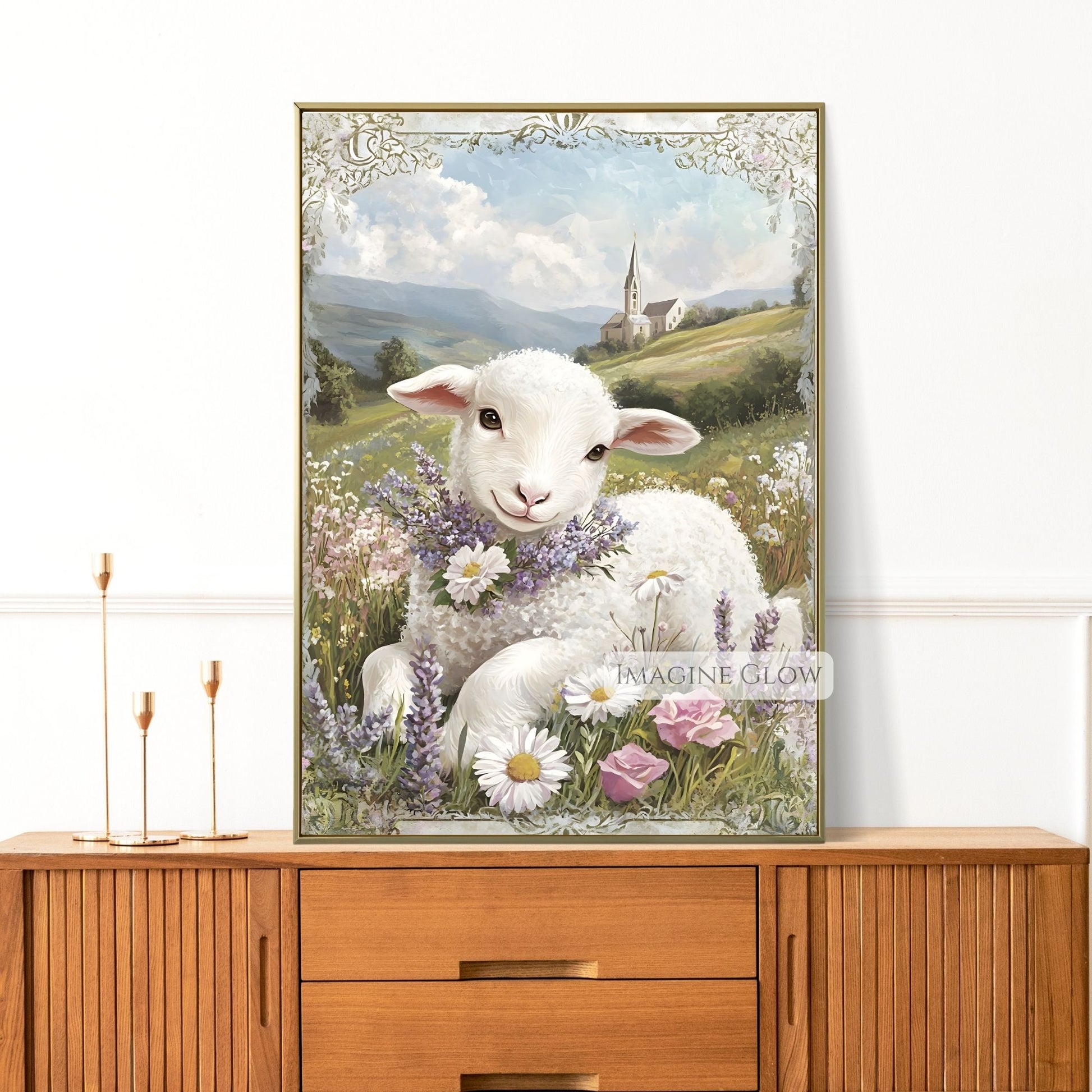 Lamb in meadow surrounded by wildflowers wall art.
