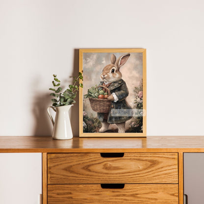 Beatrix Potter-style rabbit countryside vintage wall art.