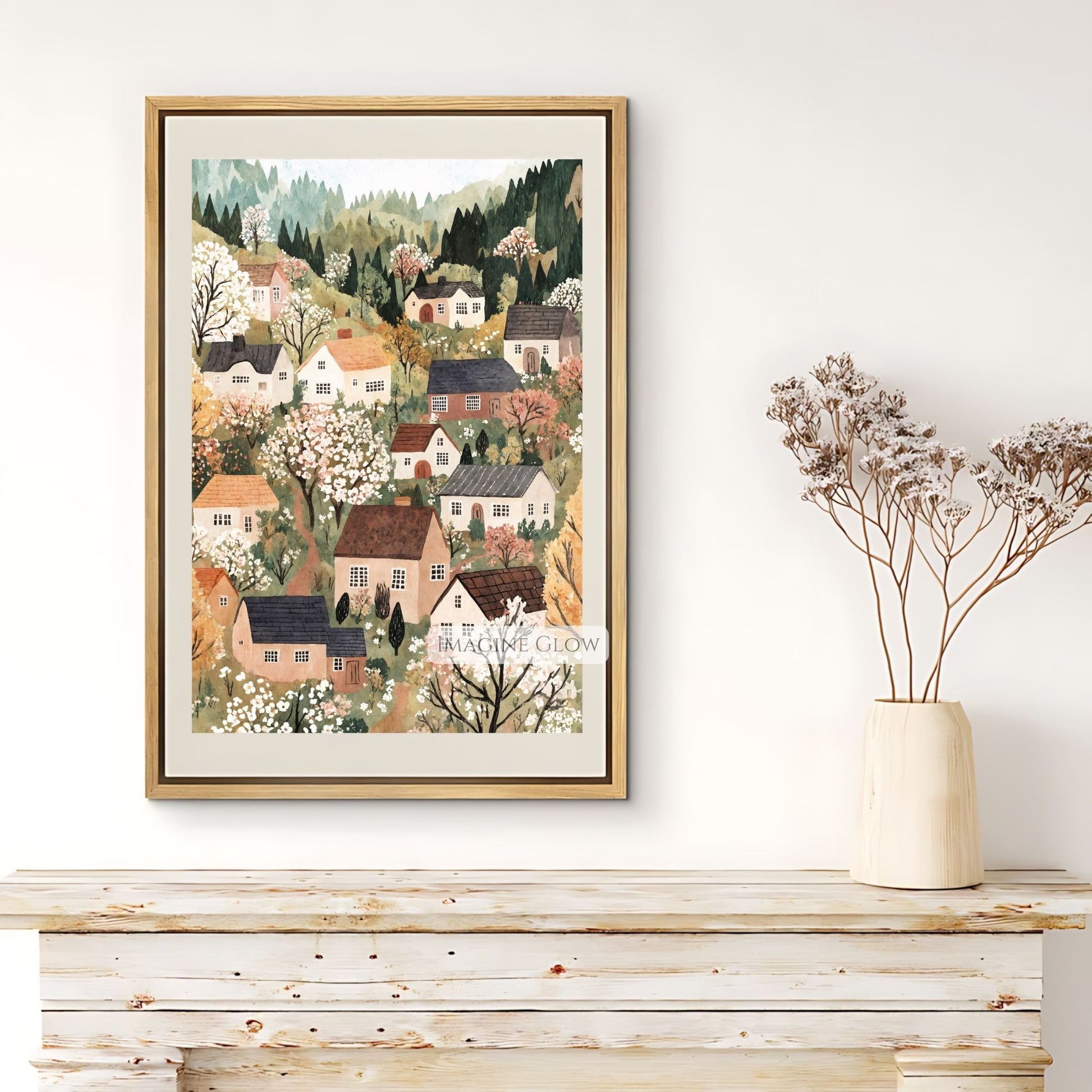 Rustic spring village folk art with blossoming trees
