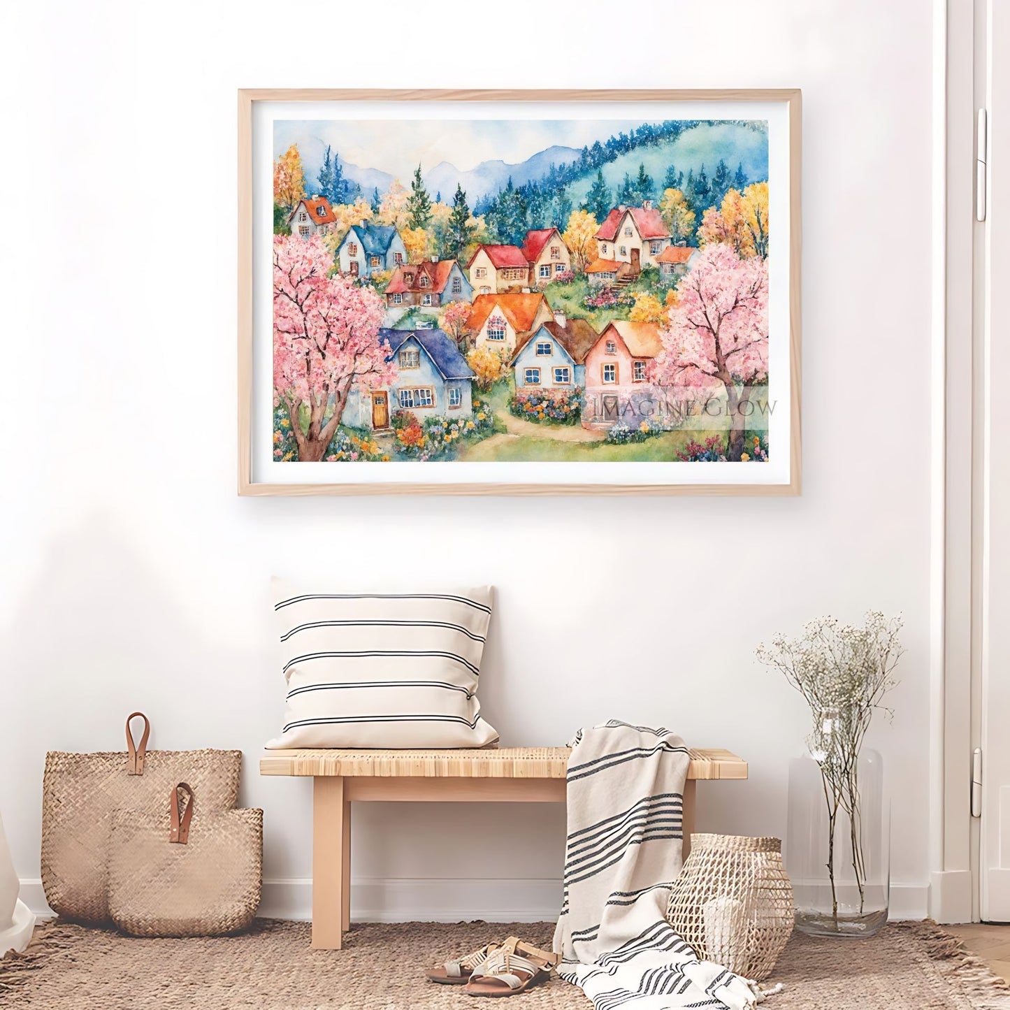 Spring village landscape art with blooming flowers
