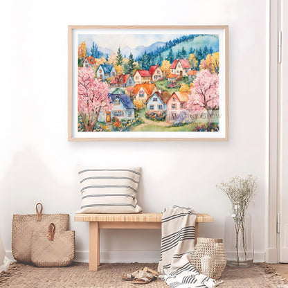 Spring village landscape art with blooming flowers
