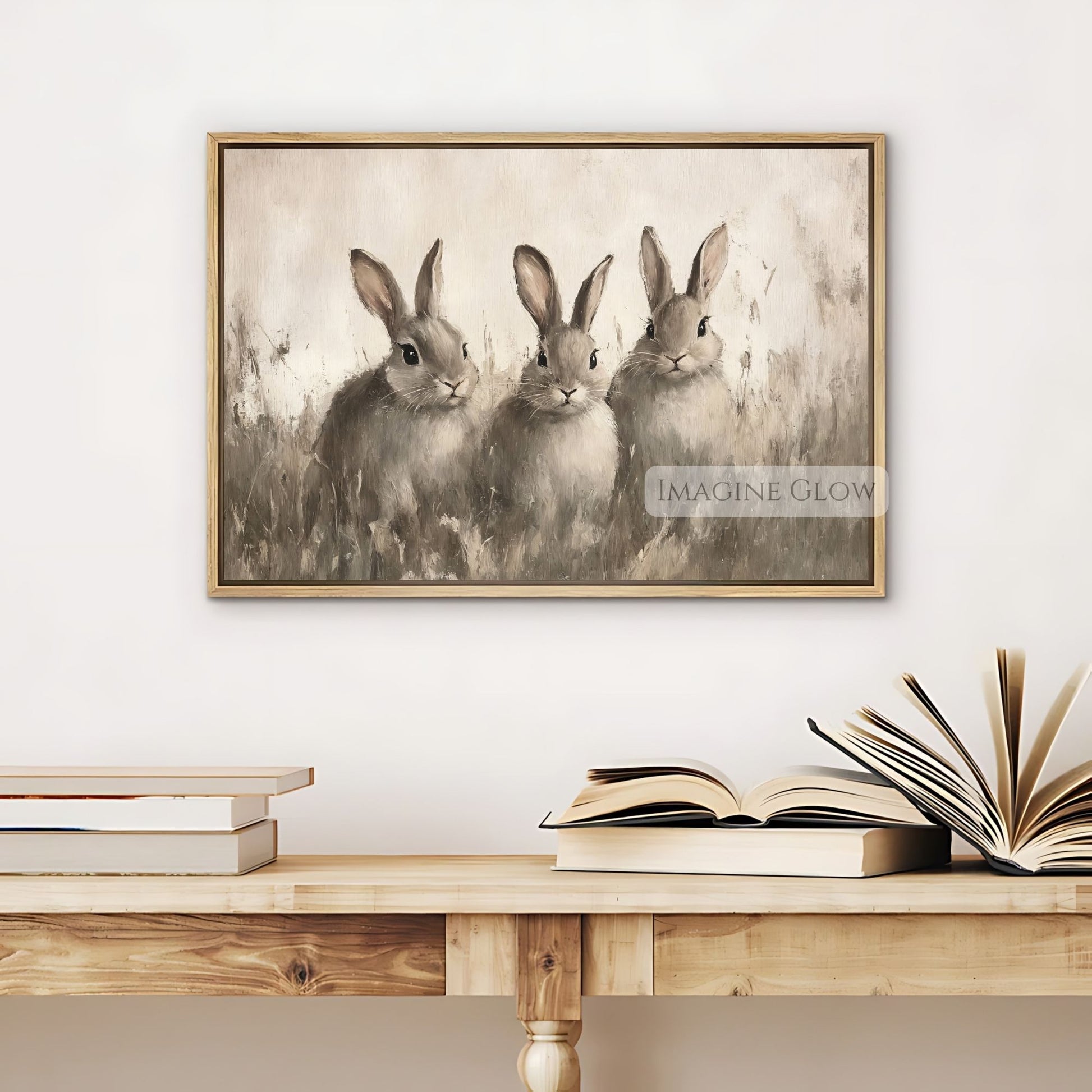 Three bunnies in a meadow - rustic rabbit artwork
