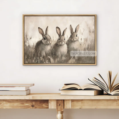 Three bunnies in a meadow - rustic rabbit artwork
