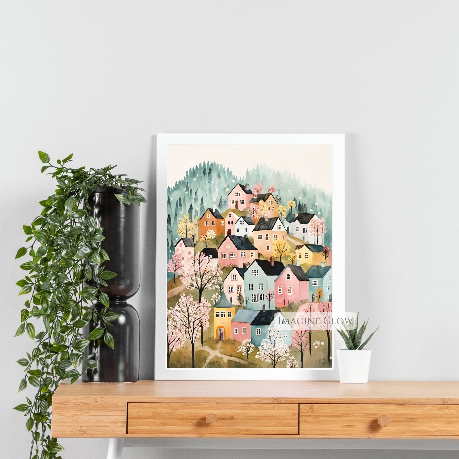 Charming spring village folk art digital decor
