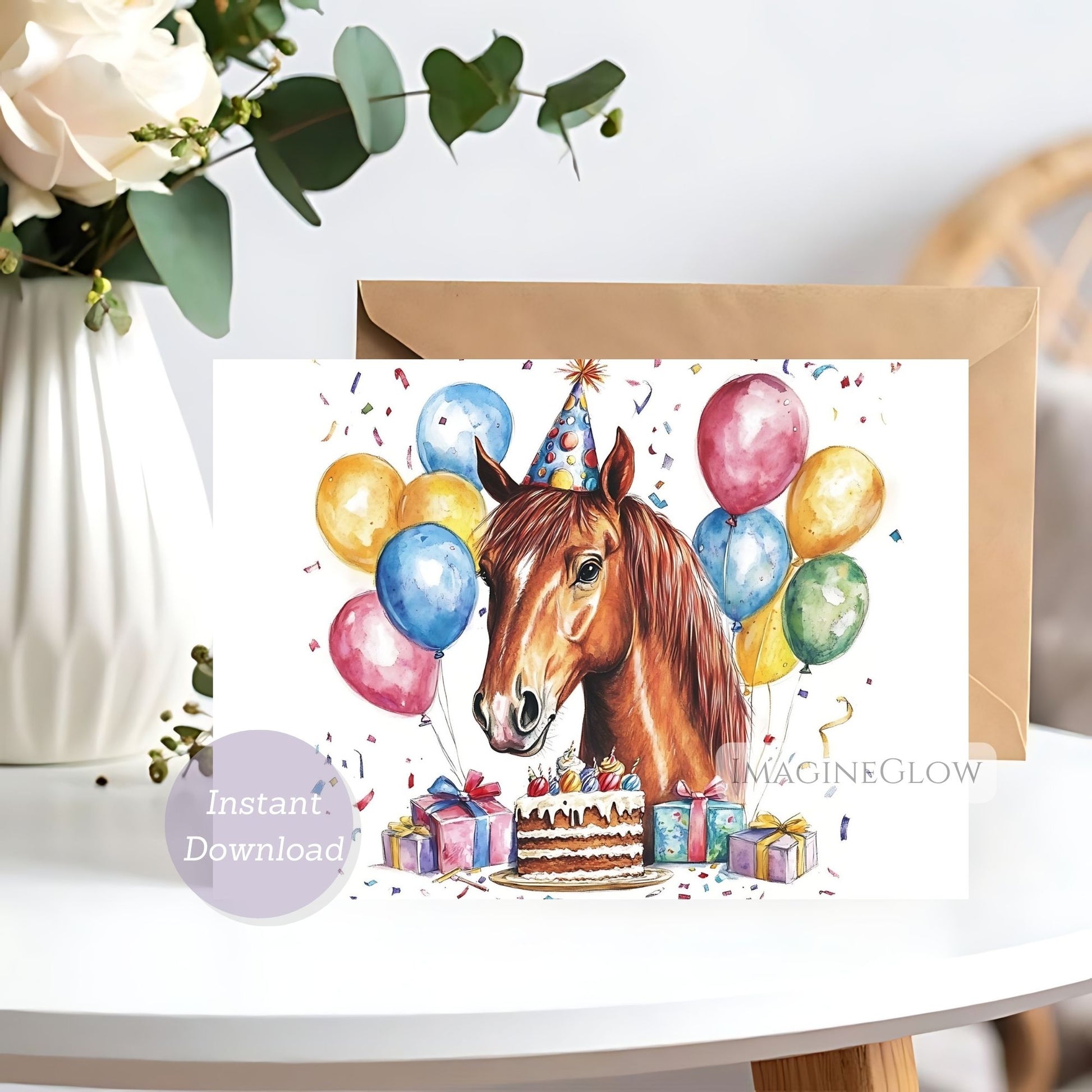 Birthday card with a horse illustration, balloons, and birthday cake on a white surface.