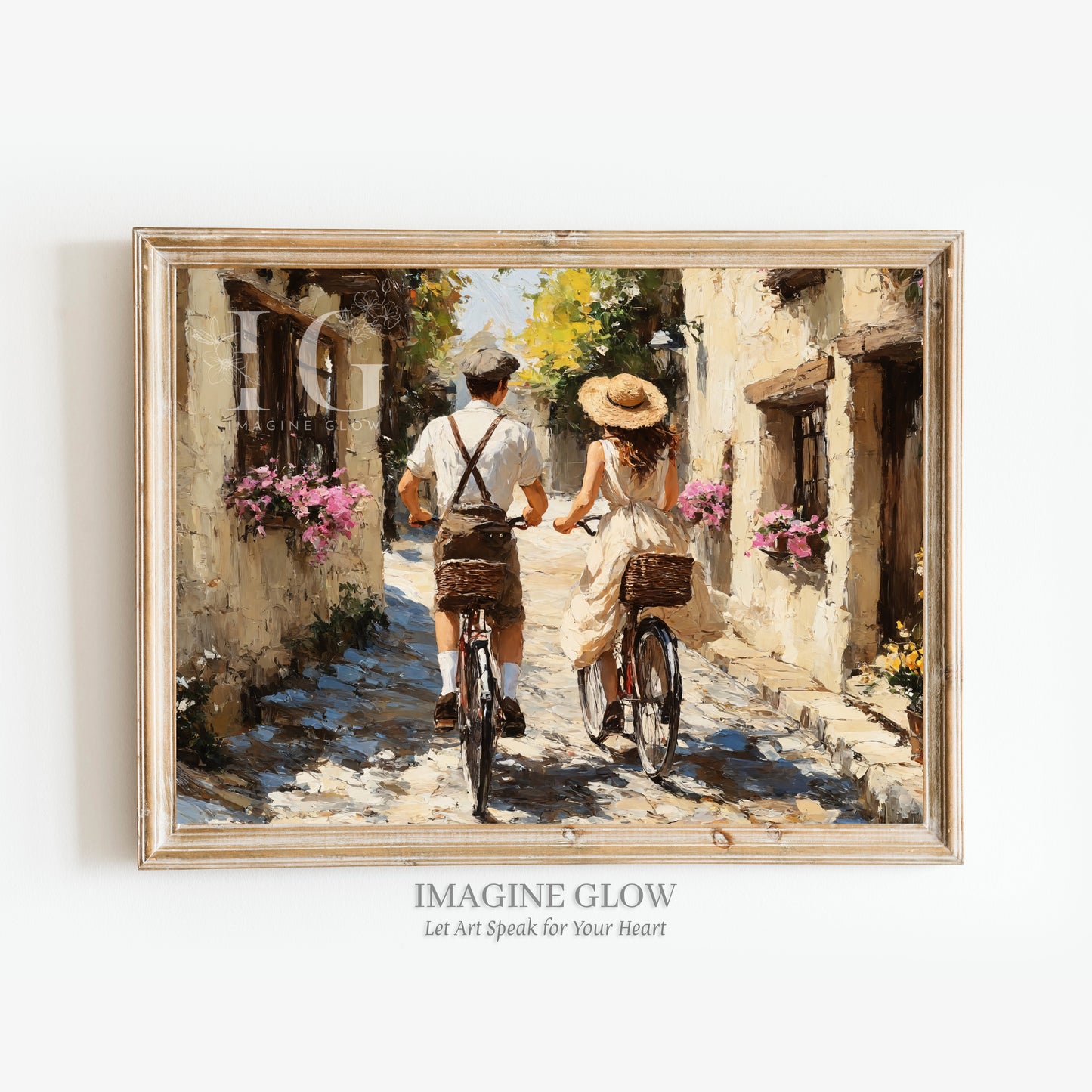 Romantic vintage couple on bicycles riding along a cobblestone street in a quaint village
Nostalgic wall art of a couple cycling through a countryside scene with old-fashioned bicycles