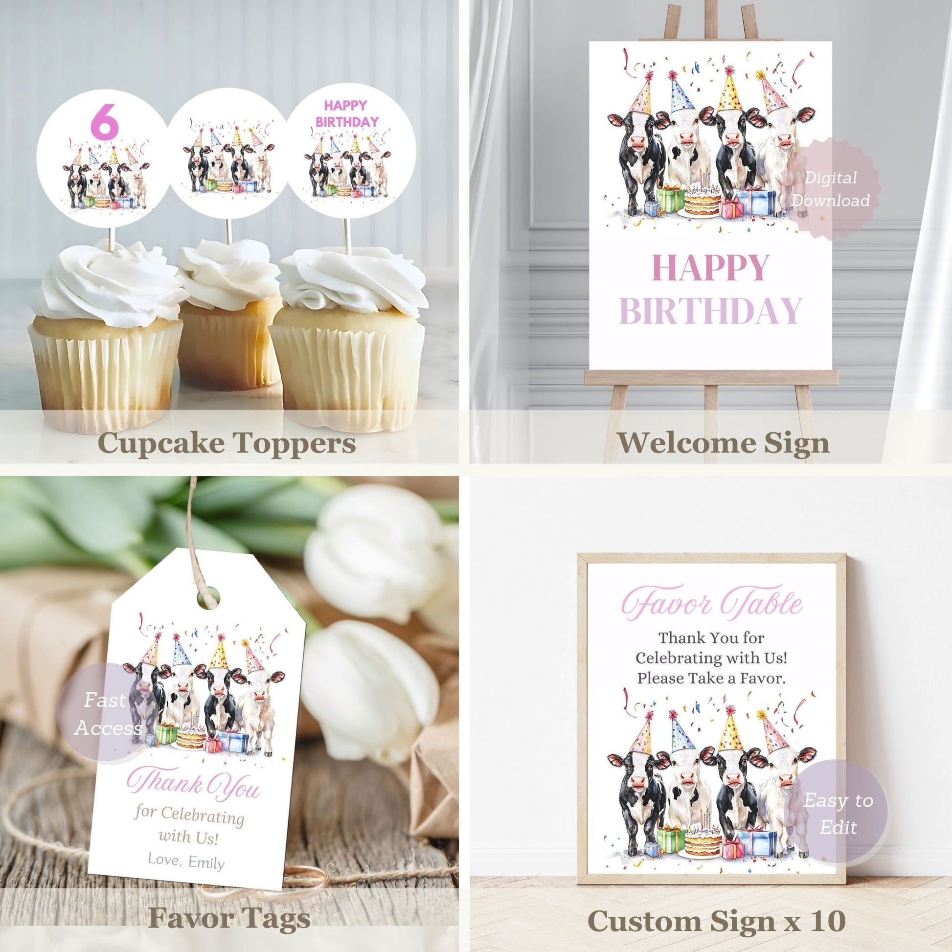 birthday party decorations including cupcake toppers, welcome sign, favor tags, and custom signs.
