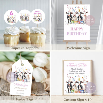 birthday party decorations including cupcake toppers, welcome sign, favor tags, and custom signs.