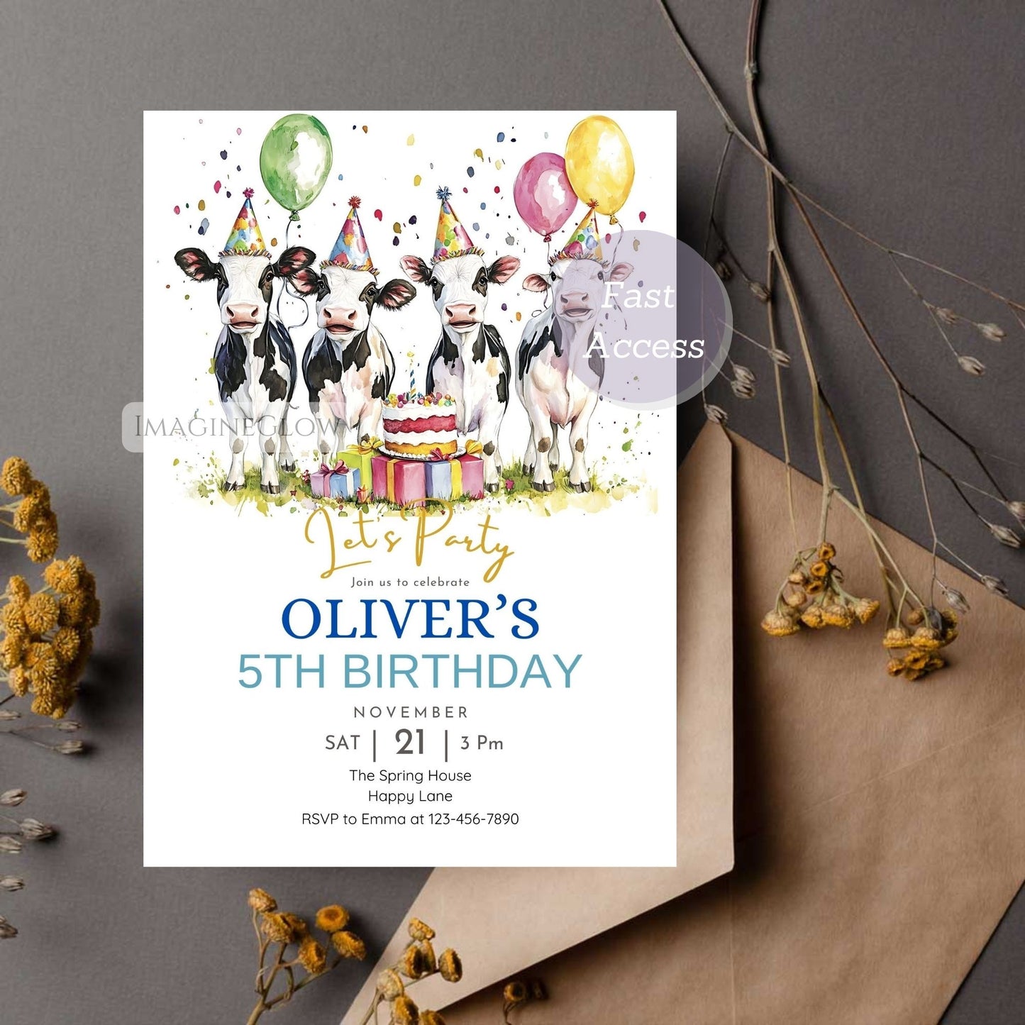 Birthday party invitation with cows and balloons on a gray background