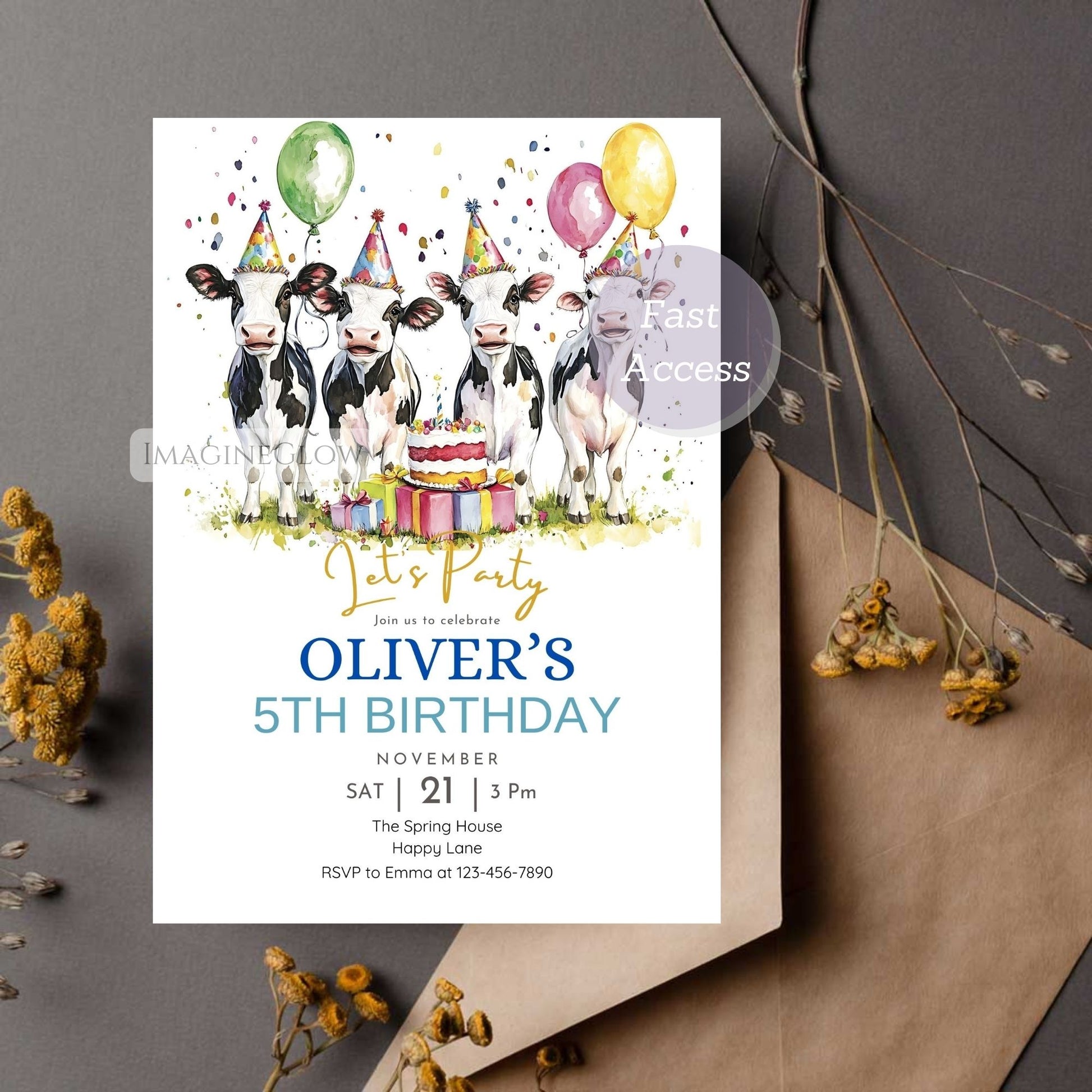 Birthday party invitation with cows and balloons on a gray background