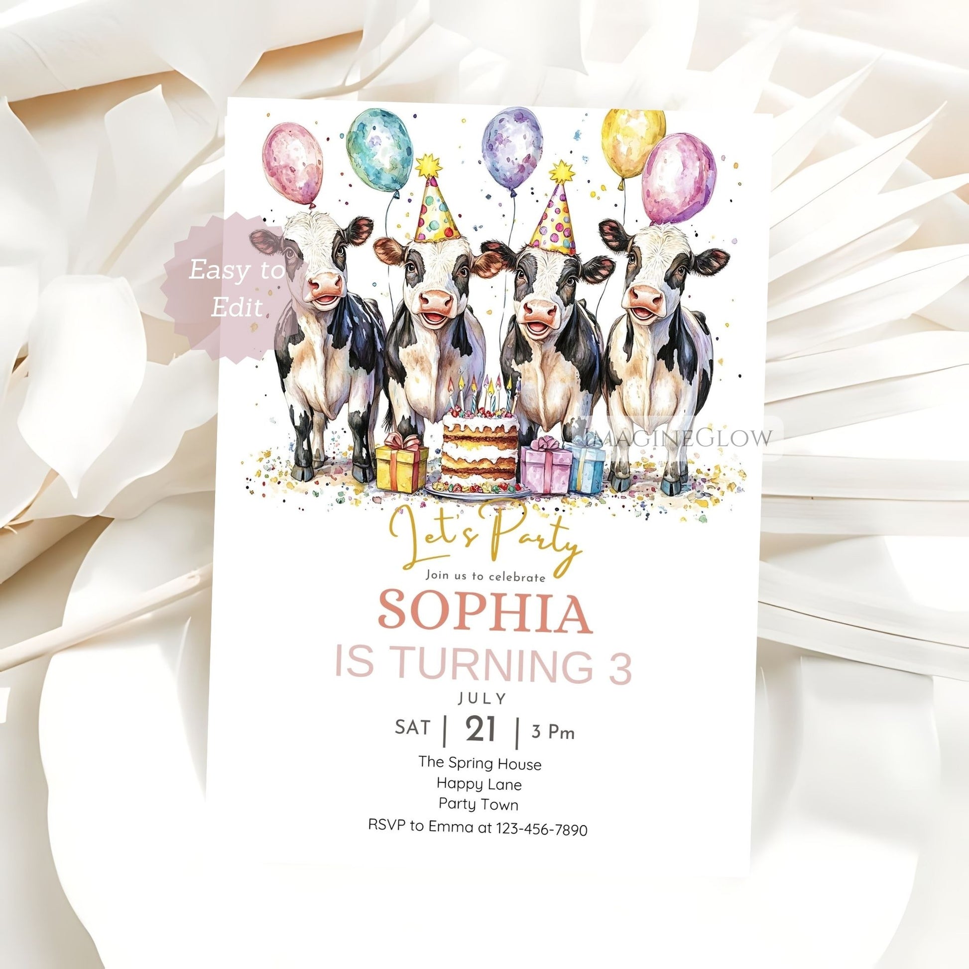 Cow-themed celebration card for children
