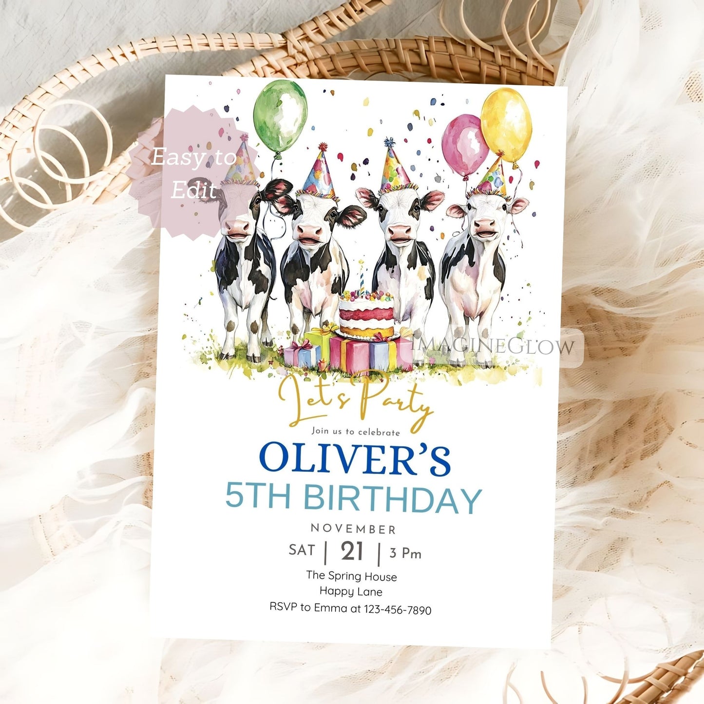 Birthday invitation card with cows, balloons, and a cake on a textured surface.