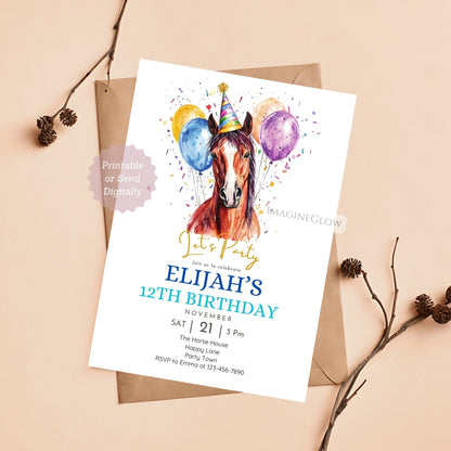 Horse birthday party invitation for kids with balloons

