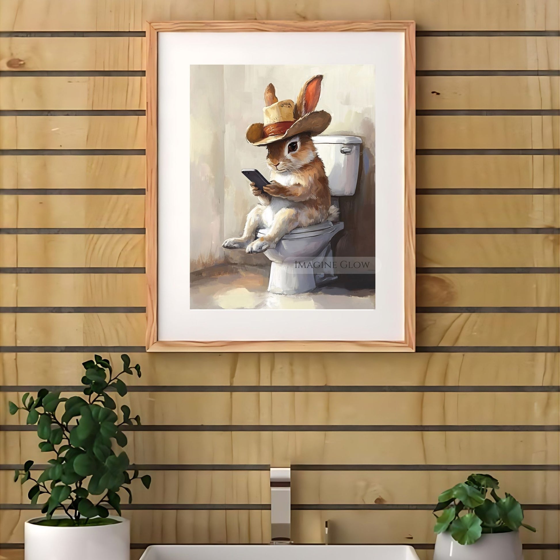 Cowboy rabbit playing phone nursery digital artwork
