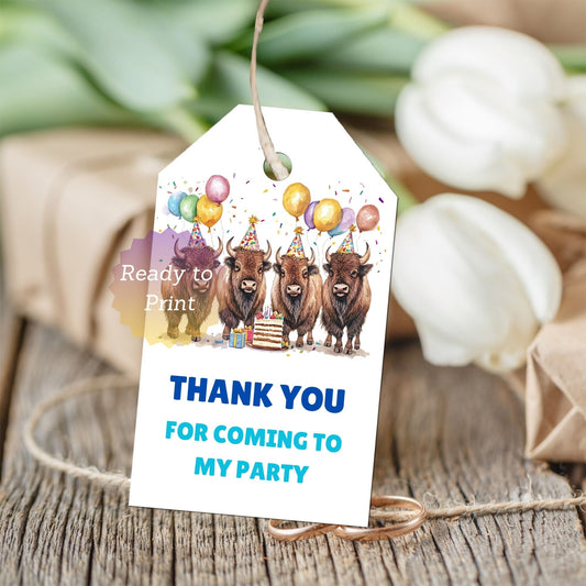 Party favor tag with cartoon bulls and balloons 