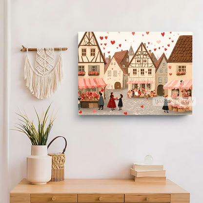 Romantic heart village digital illustration for Valentine’s decor
