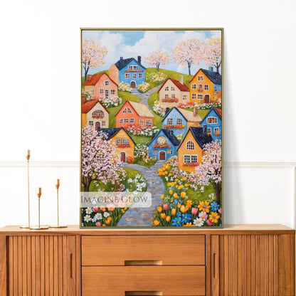 Whimsical folk art print of a vibrant village in spring
