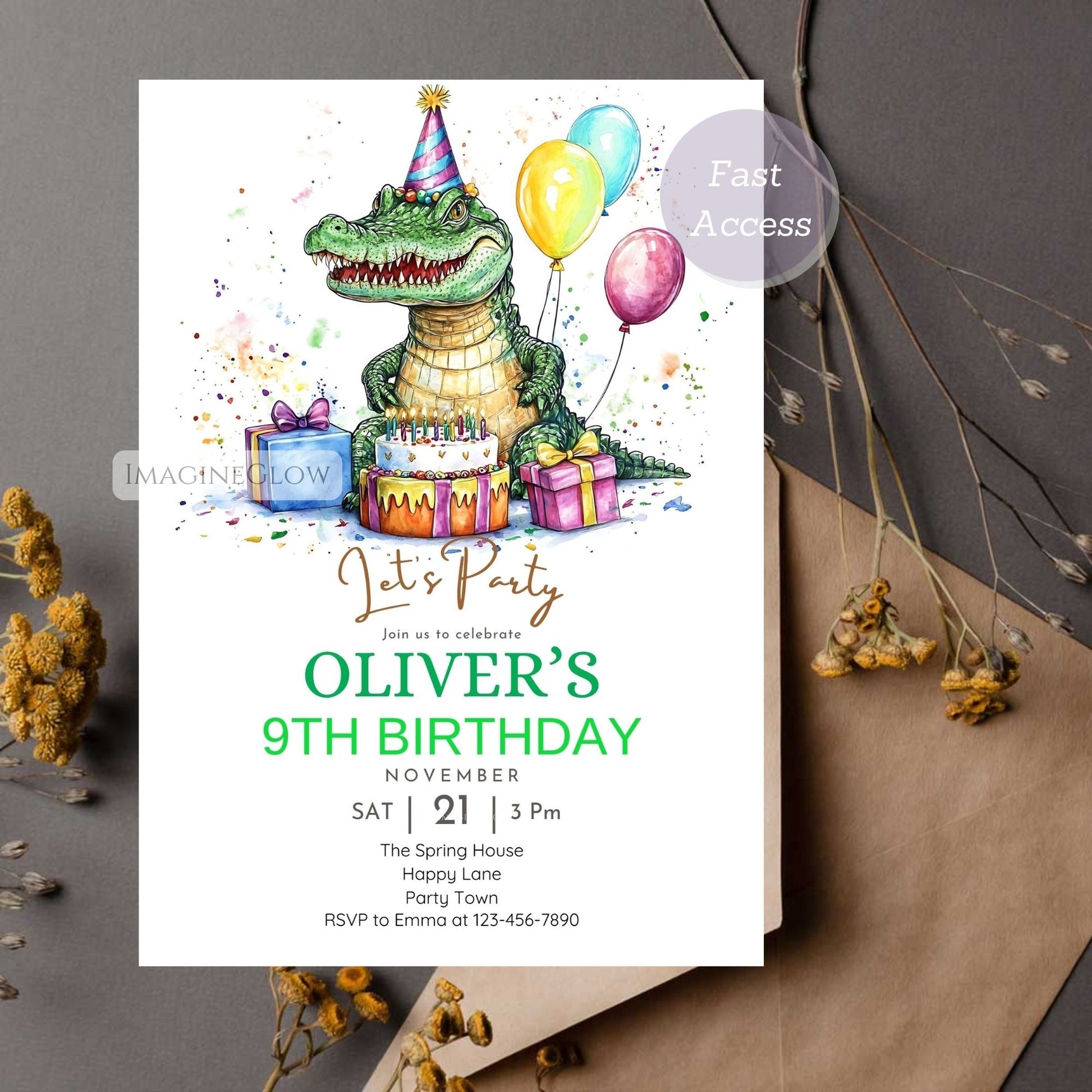 Cute Crocodile Birthday Invite - Editable & Printable
