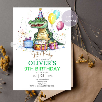 Cute Crocodile Birthday Invite - Editable & Printable
