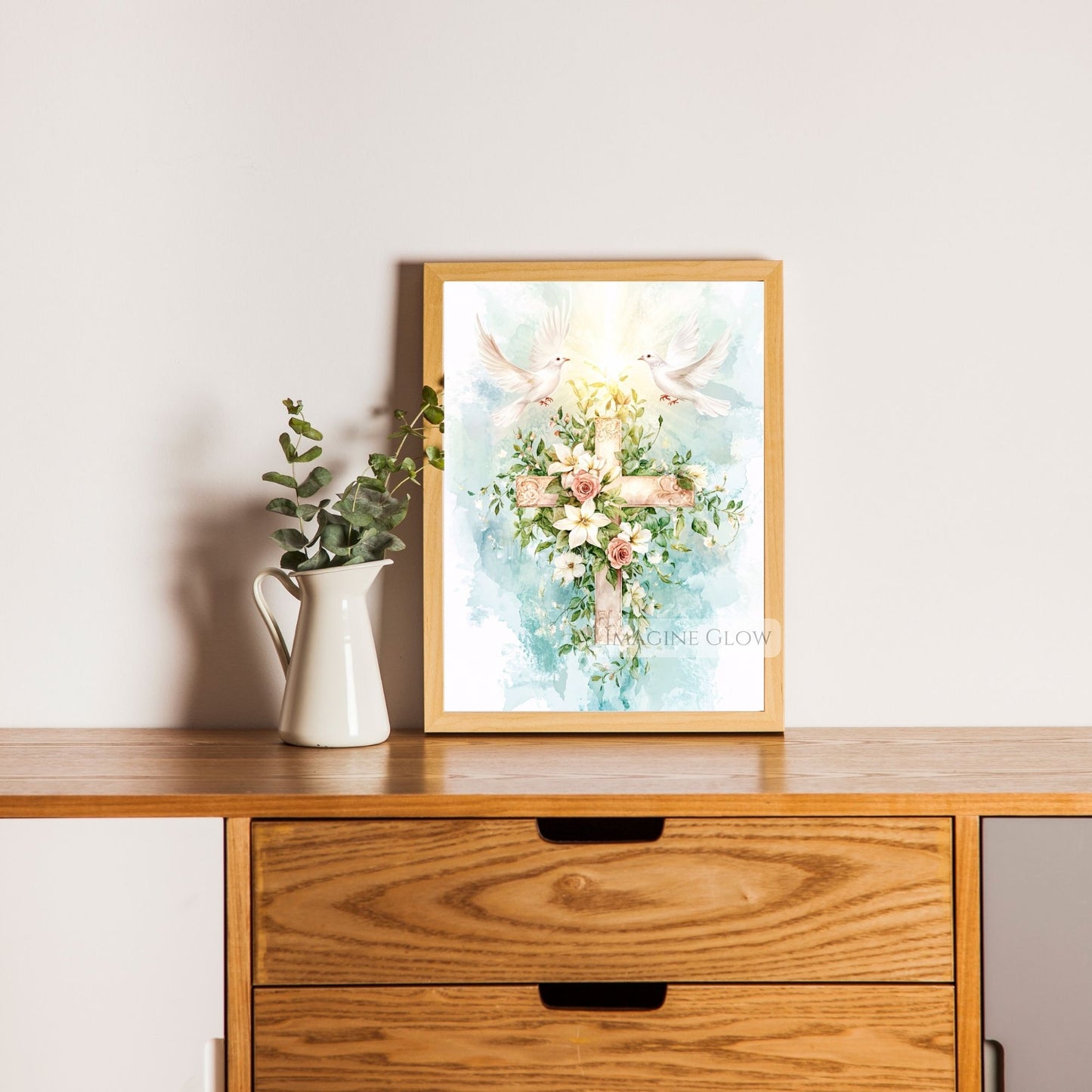 Floral Cross with Two Doves Wall Art - Peaceful Christian Decor - Religious Spring Artwork