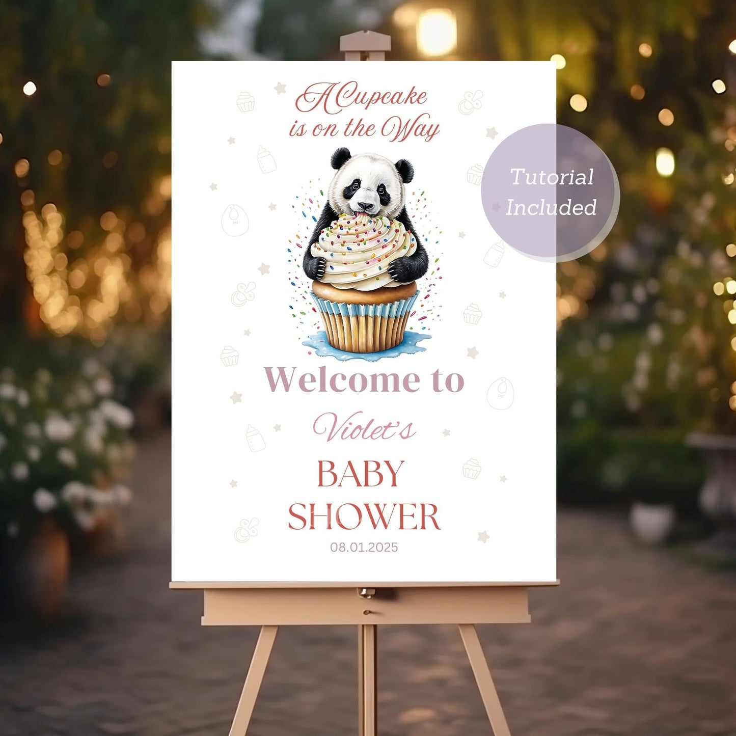 Little cupcake baby shower welcome sign with sweet design.
Gender-neutral baby shower welcome sign with cupcake theme.
