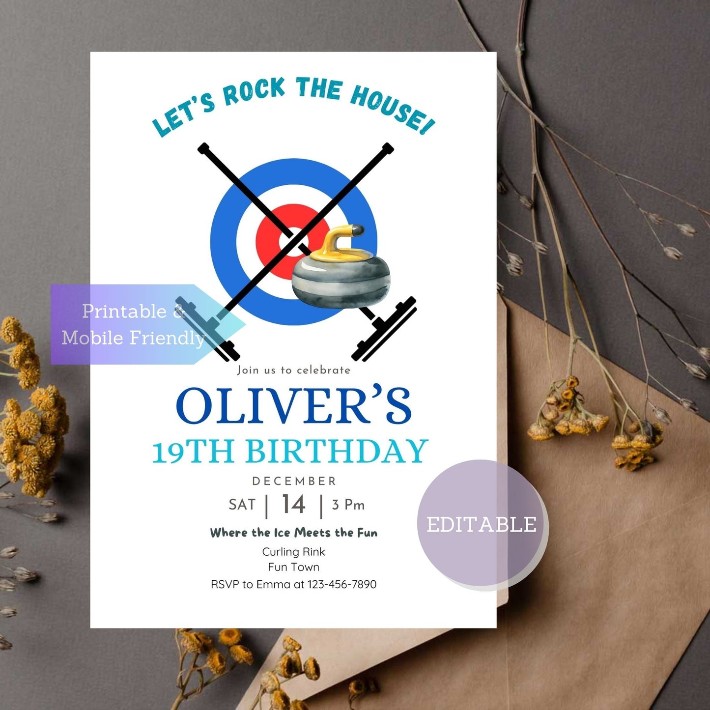 Editable curling birthday invitation template for winter sports themed party.