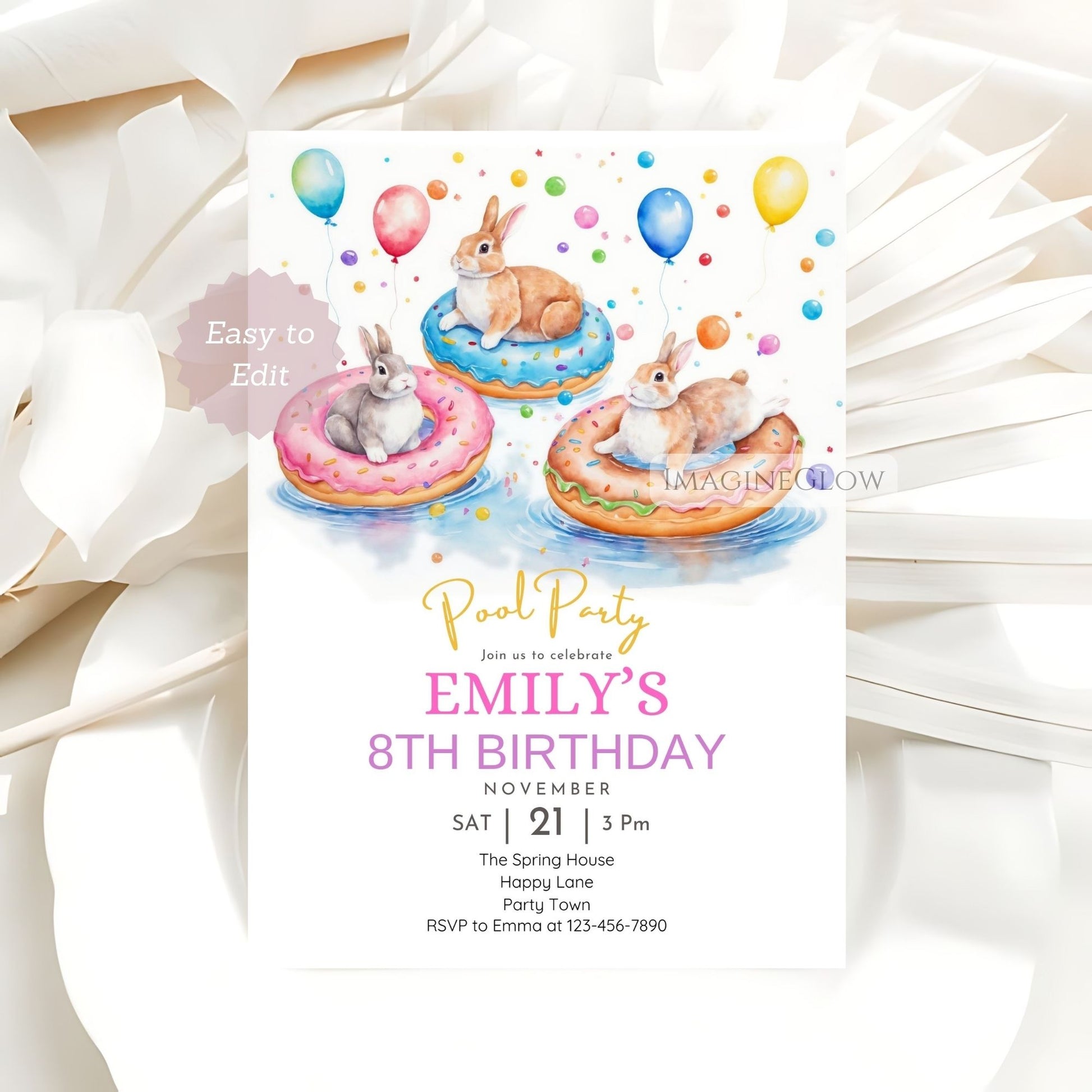 Printable bunny pool party invitation
Custom bunny summer birthday invitation
