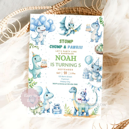 Dinosaur Birthday Invitation - Blue Theme Party Invitation