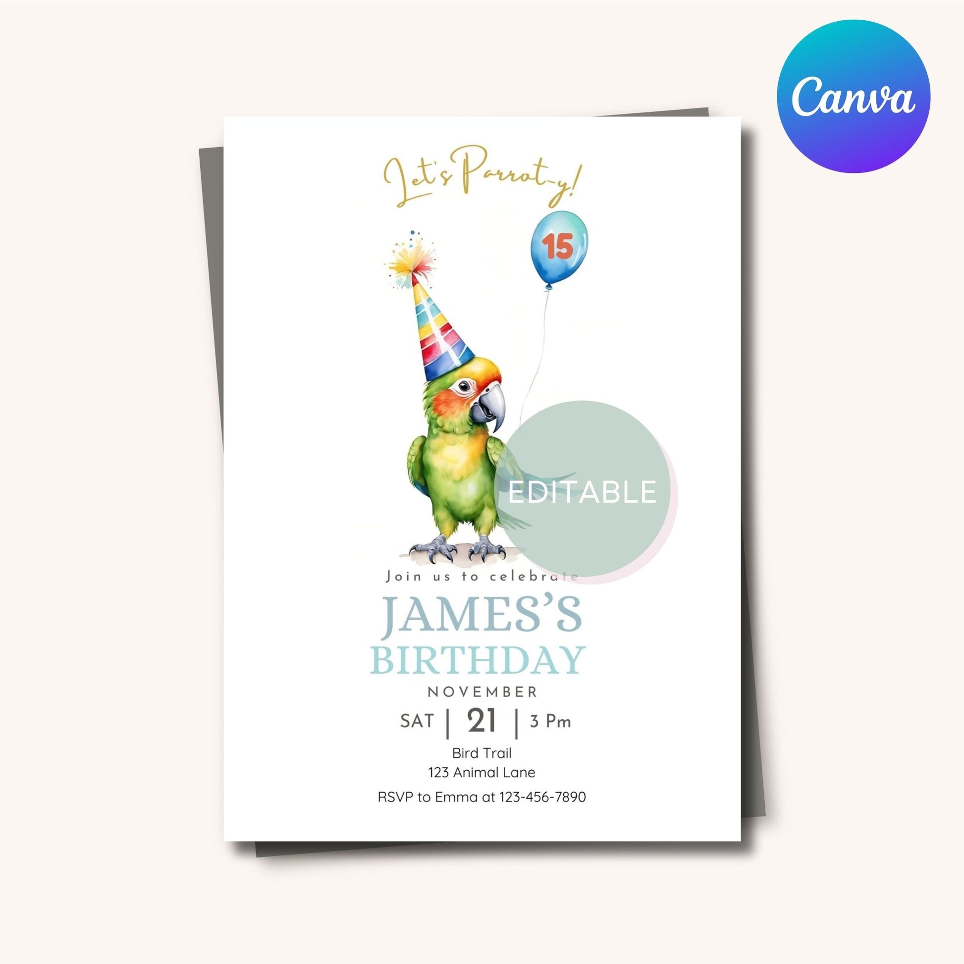 Customizable parrot party invite for a birthday celebration