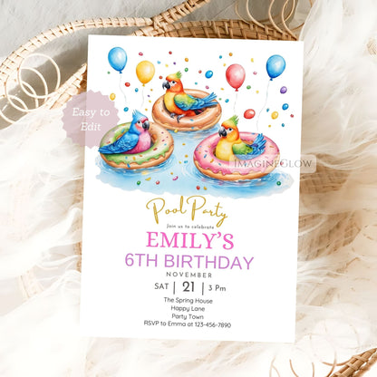Editable parrots pool party invitation

