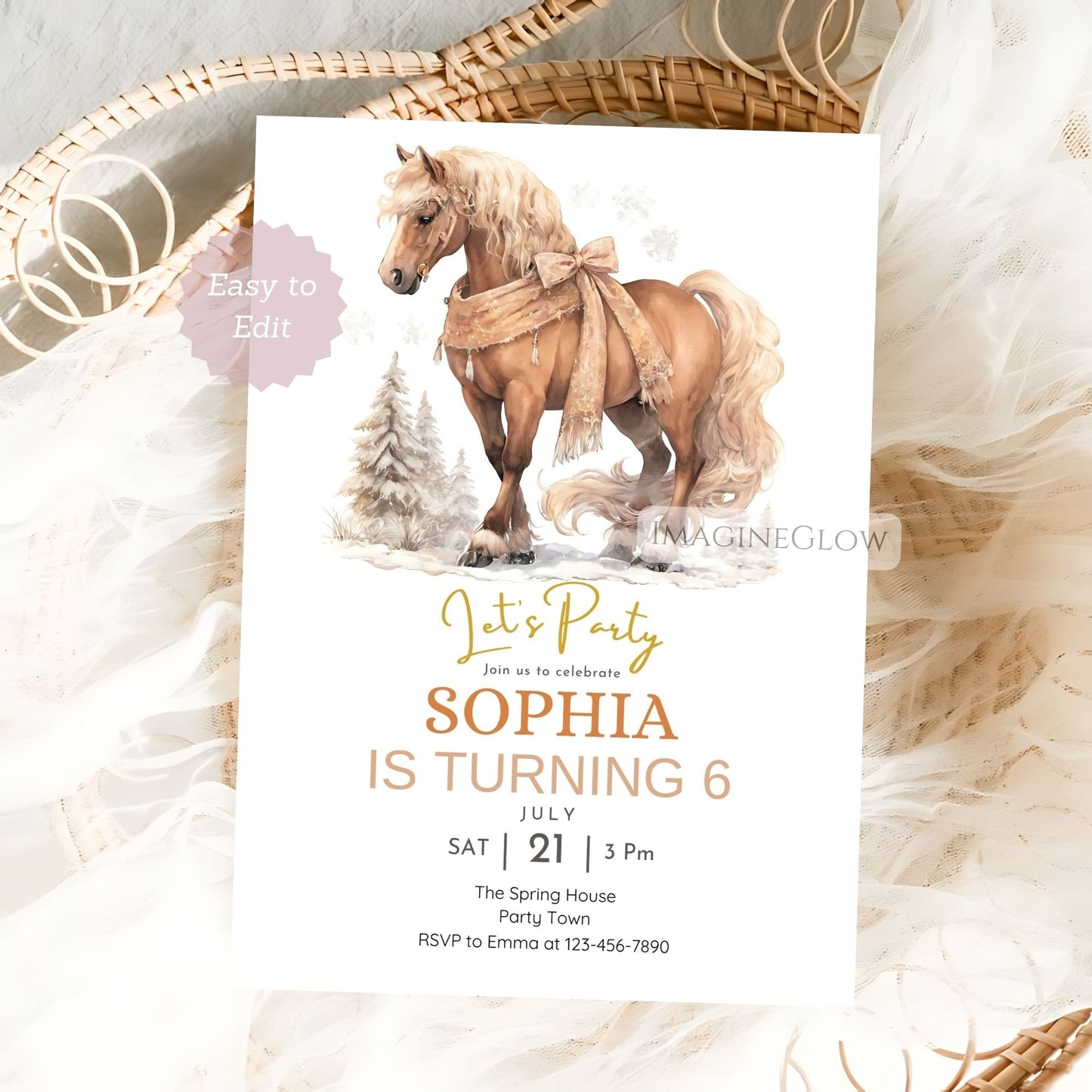 Party invitation card with horse illustration and text details on a white background