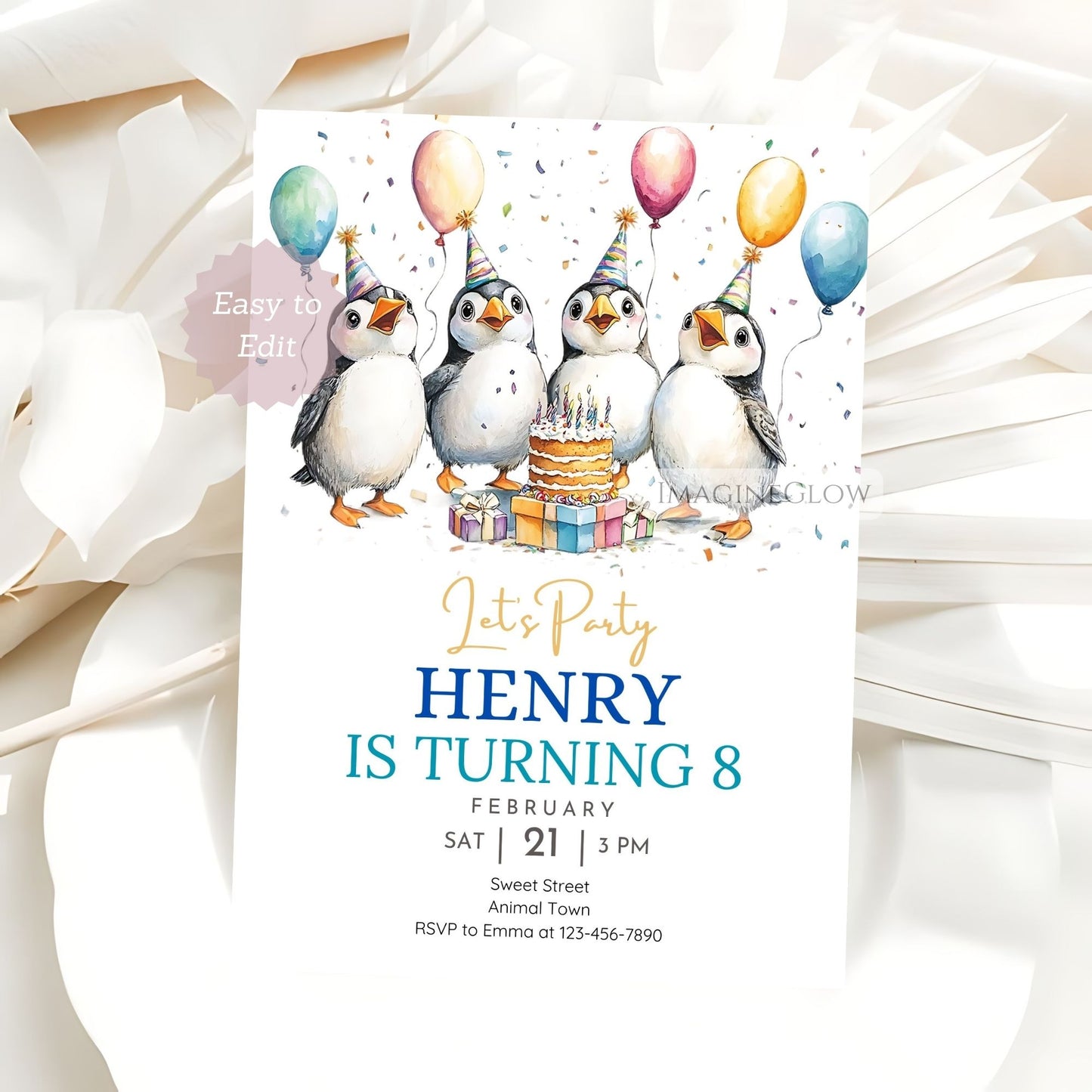 Digital puffin birthday invitation editable
