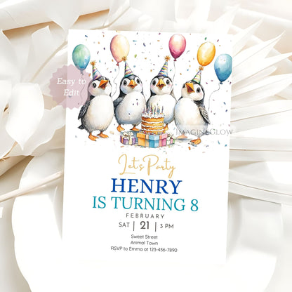 Digital puffin birthday invitation editable
