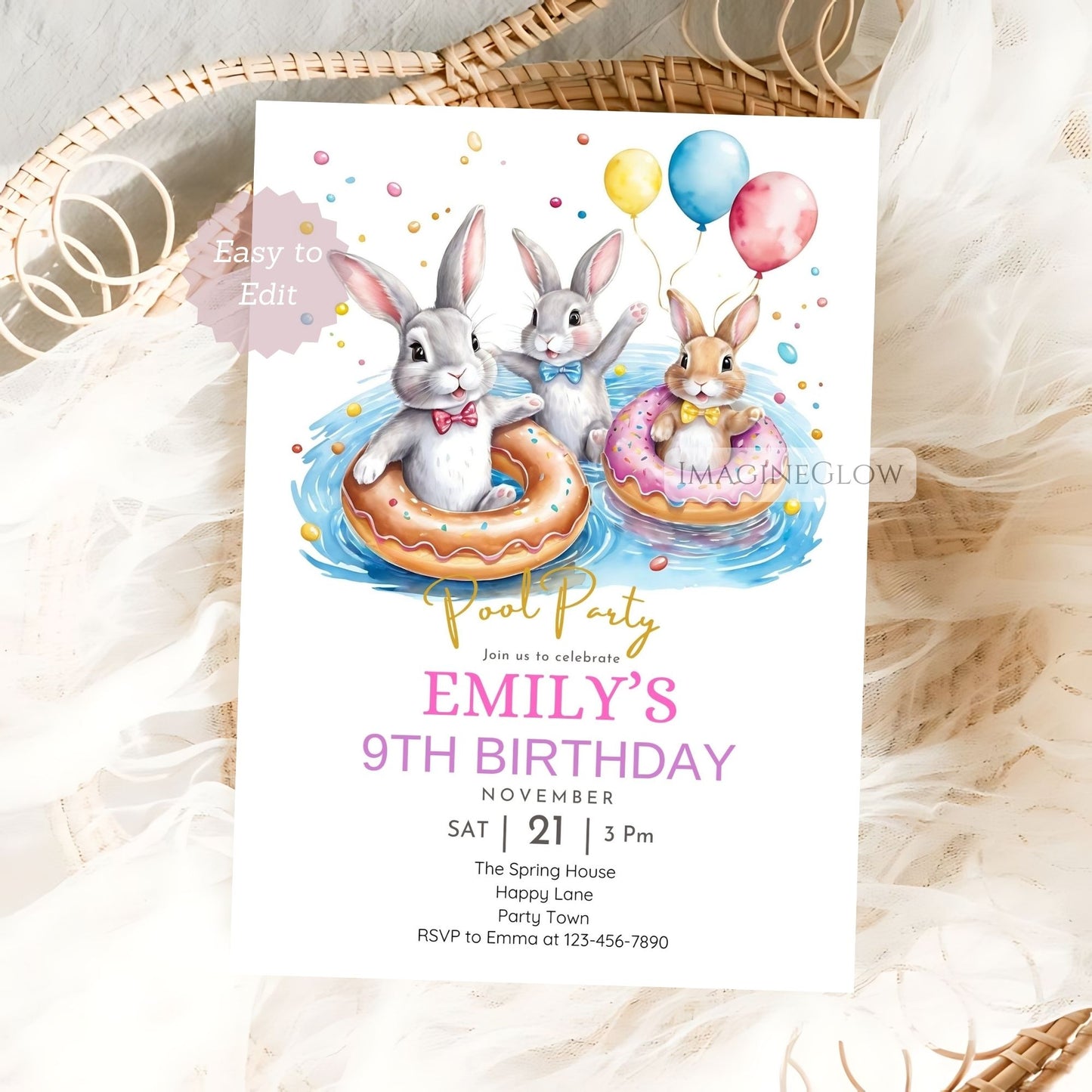 Cute rabbit-themed birthday invite
Printable rabbit pool party invitation
