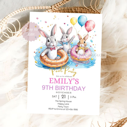 Cute rabbit-themed birthday invite
Printable rabbit pool party invitation
