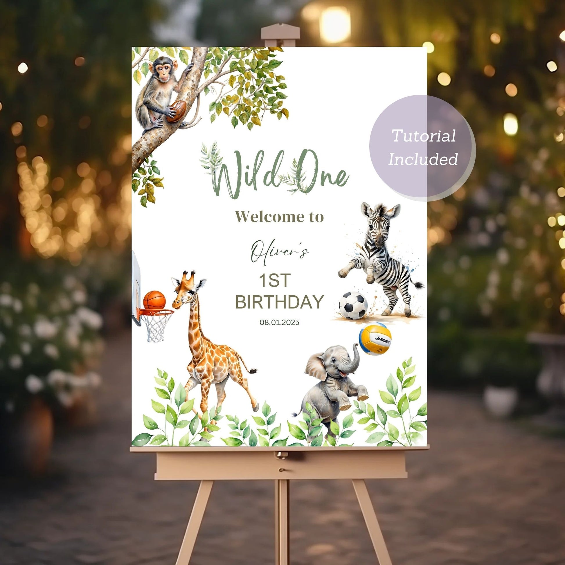 Jungle-themed 1st birthday party welcome sign with animal illustrations.
Customizable safari animals sign for birthday or baby shower decor.
