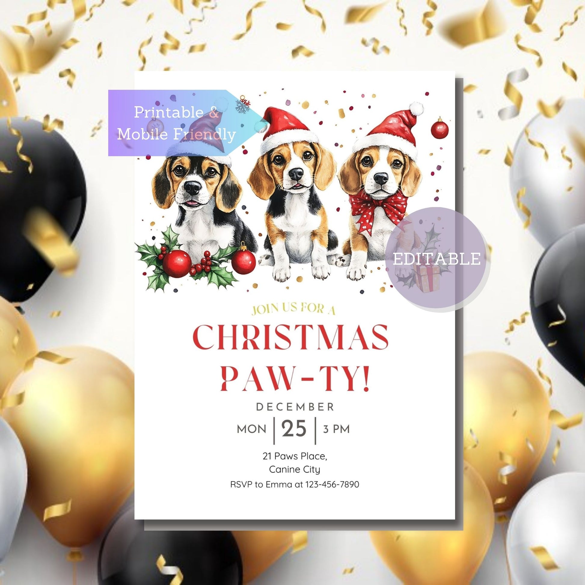 Mobile-friendly Beagle Christmas invitation template for Canva