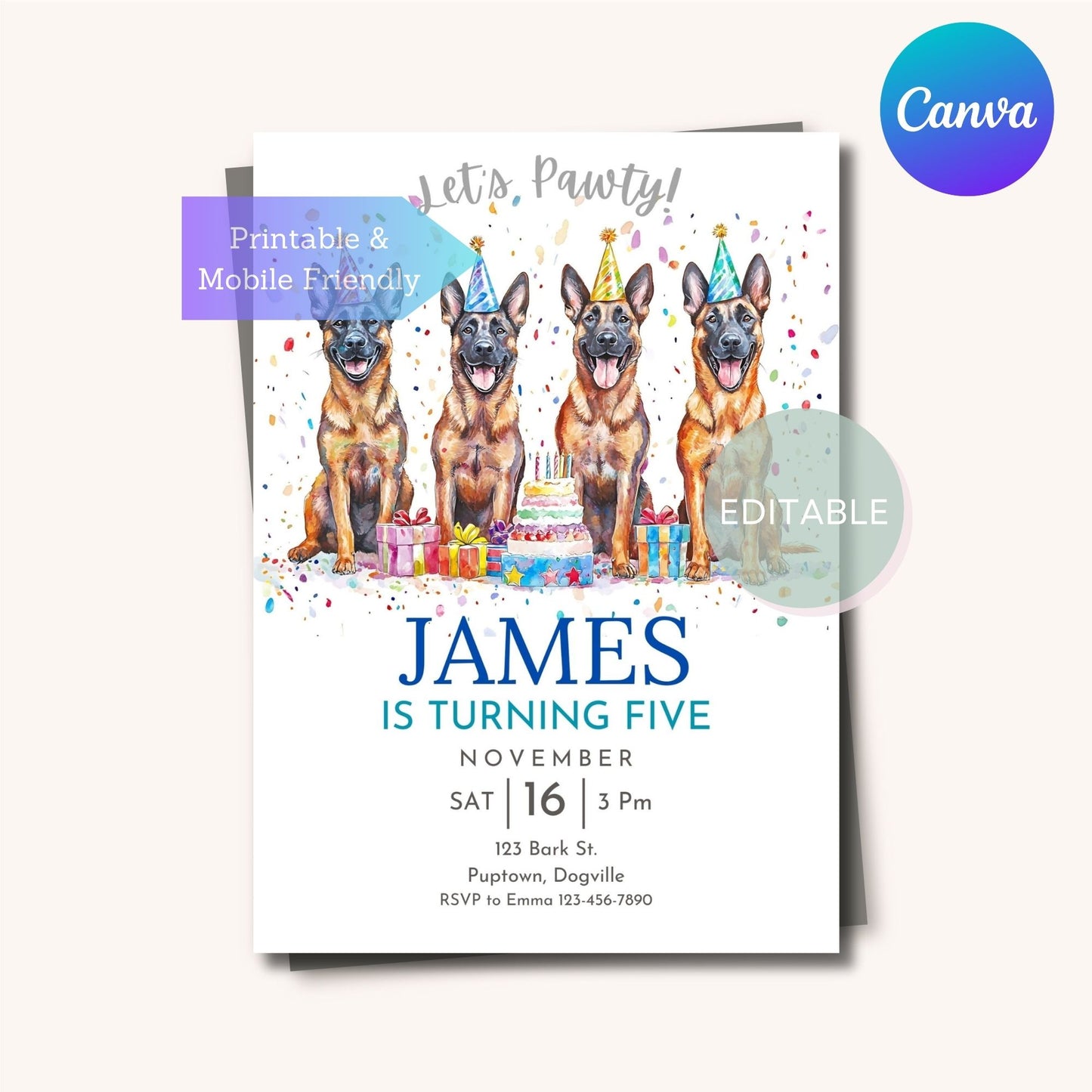 Customizable Belgian Malinois dog birthday invitation, perfect for dog lovers